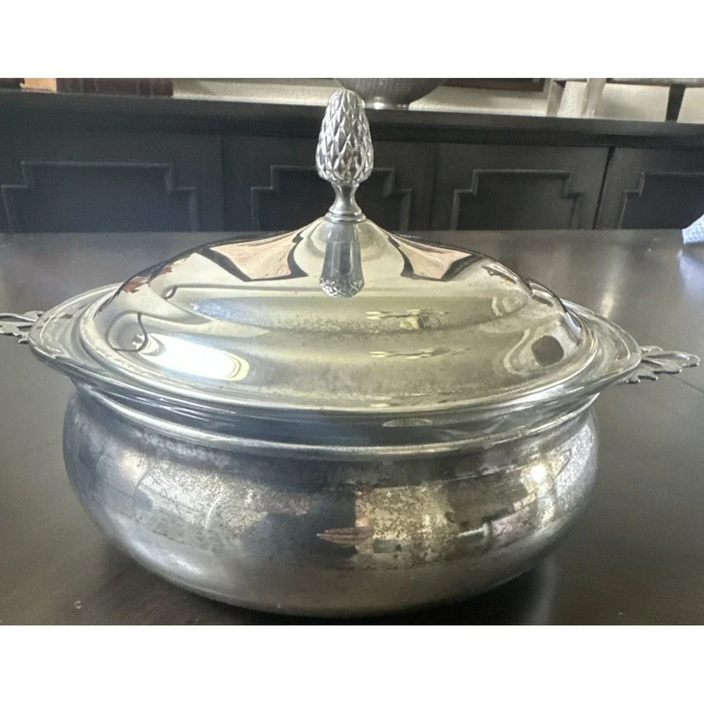 Vtg. Sheffield Silver Company Silverplate Covered Casserole Dish w/Pyrex Insert